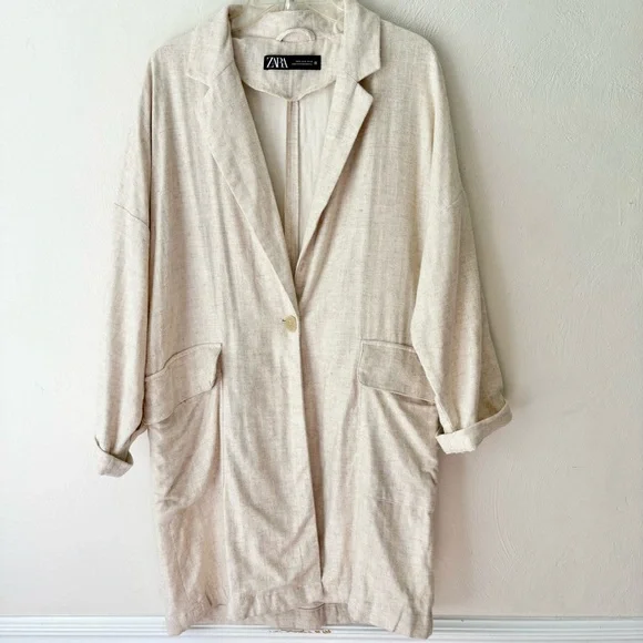 Zara Linen Blend Cream Tan Rustic Oversized Long Blazer Jacket - Picture 3 of 10
